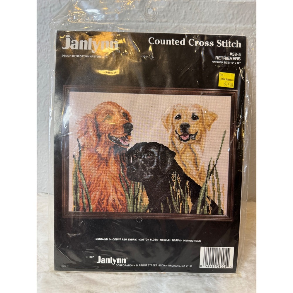 Vintage Janlynn Counted Cross Stitch Kit Retrievers Dogs 1987 Golden Black Lab